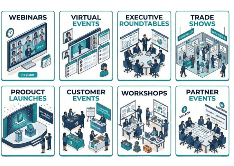Illustration of event formats including webinars, trade shows, workshops, and roundtables.