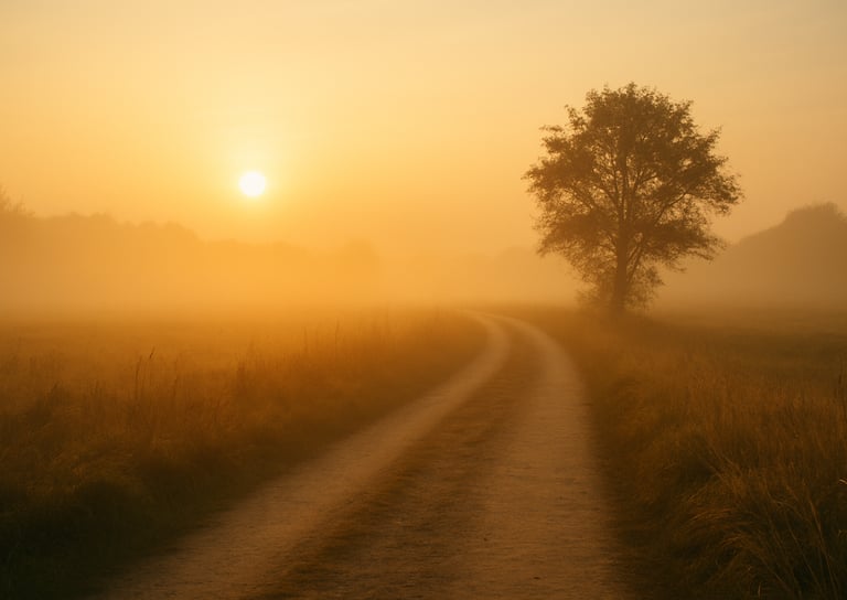 early morning path, soft golden light. A sense of quiet simplicity and new beginnings.