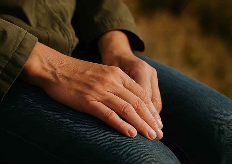 A close-up of hands resting in the lap - sitting still with uncomfortable thoughts.