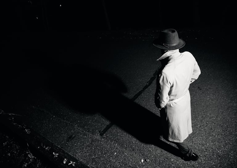 a man in a long coat and hat walking at night time