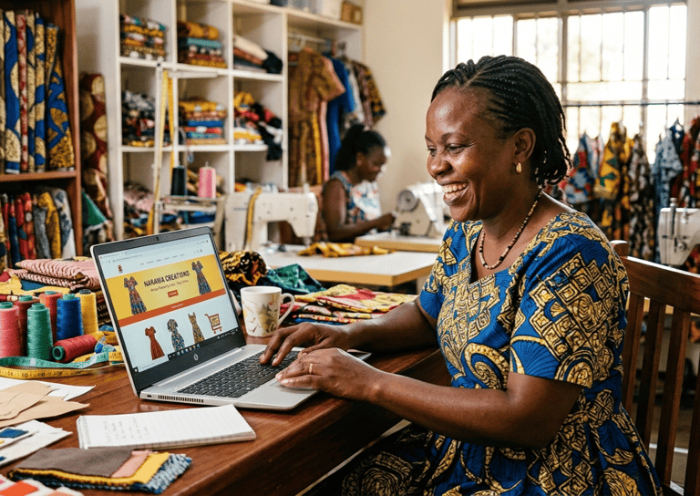 Smiling African fashion designer using a laptop to manage her online clothing boutique in a sewing workshop.