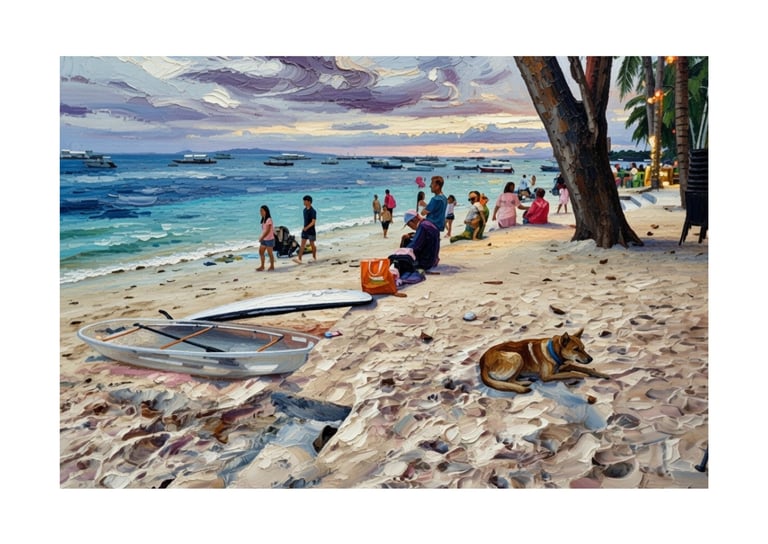 Impasto oil painting of a tropical beach sunset with people, boats, and a dog resting on the sand.