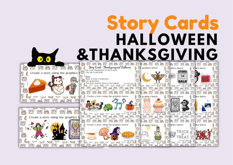 Halloween Thanksgiving ELA ESL Creative Task Cards for speaking writing, and vocabulary