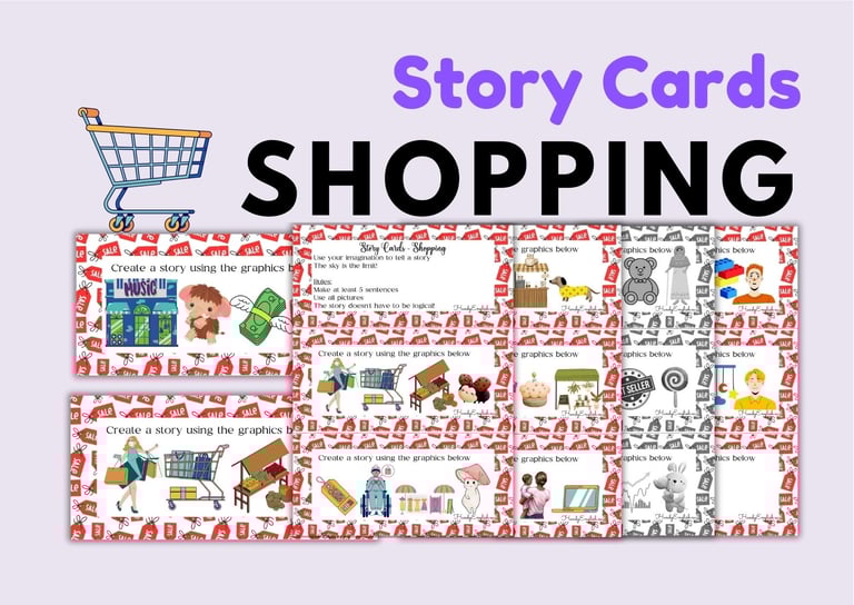 SHOPPING ELA ESL Creative Task Cards for speaking writing, and vocabulary