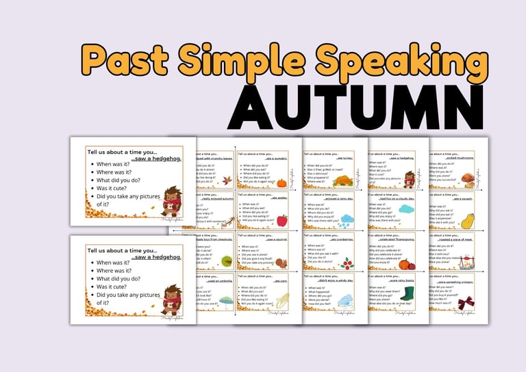 Past Simple Autumn Fall Vocabulary ESL Thanksgiving and Halloween speaking cards