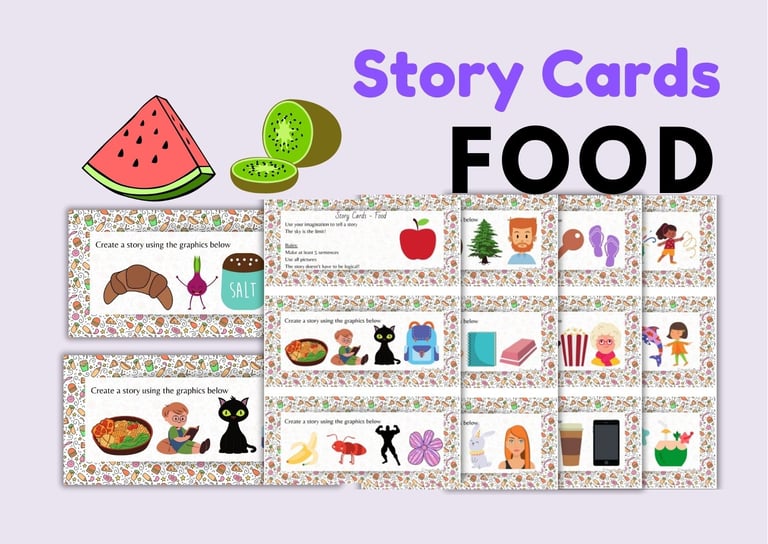ESL food, story cards, creative writing, vocabulary and grammar
