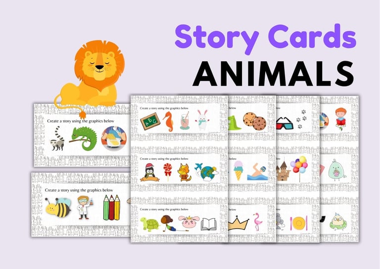 ESL animals present simple worksheets, story cards, creative writing, vocabulary and grammar