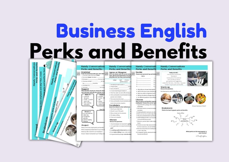 ESL Business English worksheets, lesson plans, perks and benefits, speaking, conversations