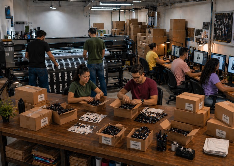 Equipo en producción personalizada de lanyards y merchandising corporativo con entregas en tiempo y forma