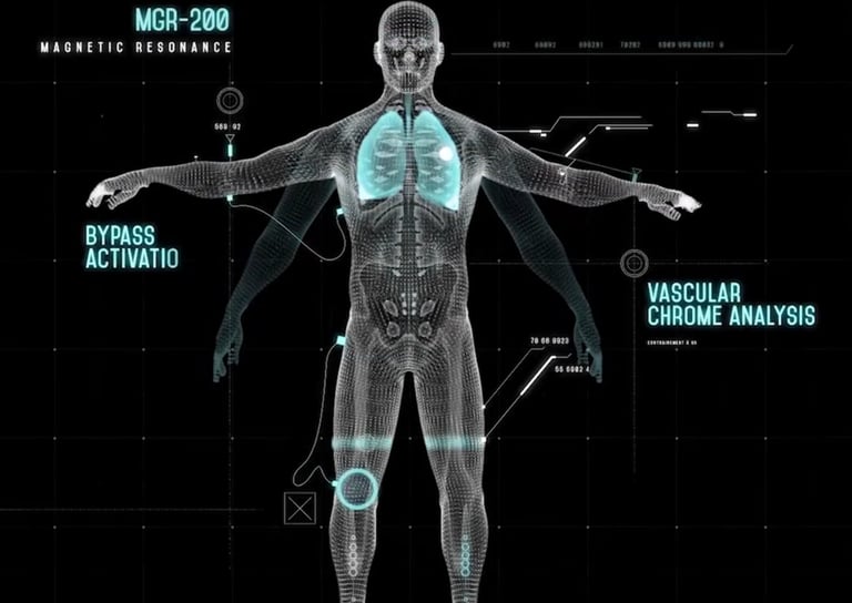 A 3D digital wireframe model of a human body showing lung bypass activation and vascular chrome analysis.