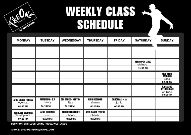 Weekly dance class schedule for TheOne Studios in Nairobi, showing class times, teachers and styles.