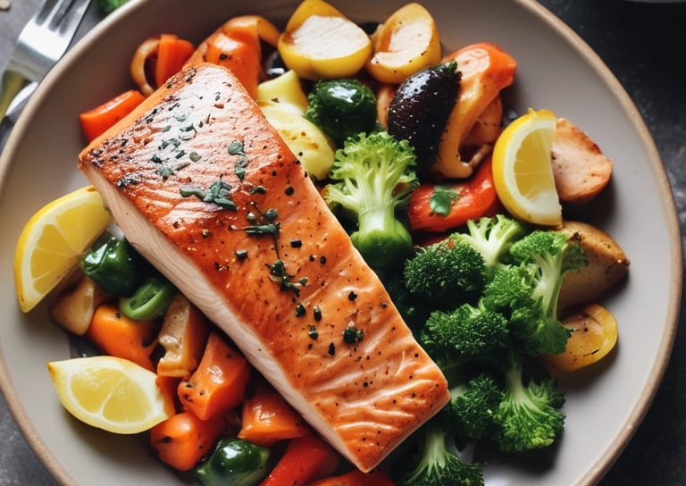 Close-up of a colorful plate featuring seasonal vegetables and grilled fish.