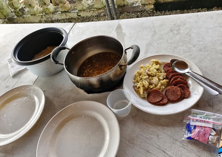 beef loaf, eggs and noodles for breakfast before diving