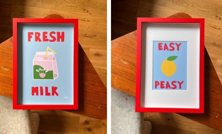Cadre ikea rouge avec passe partout et affiches Beeb Fresh Milk  et Easy Peasy