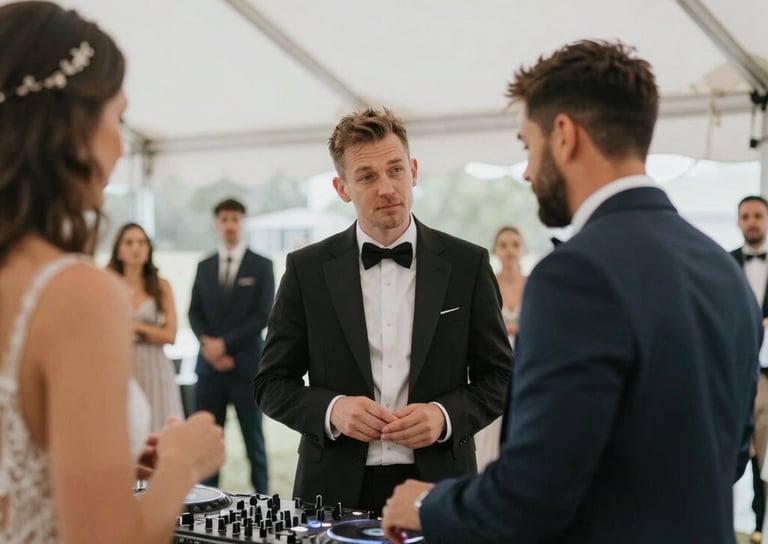 A DJ mixing music at a lively wedding reception with colorful lights.