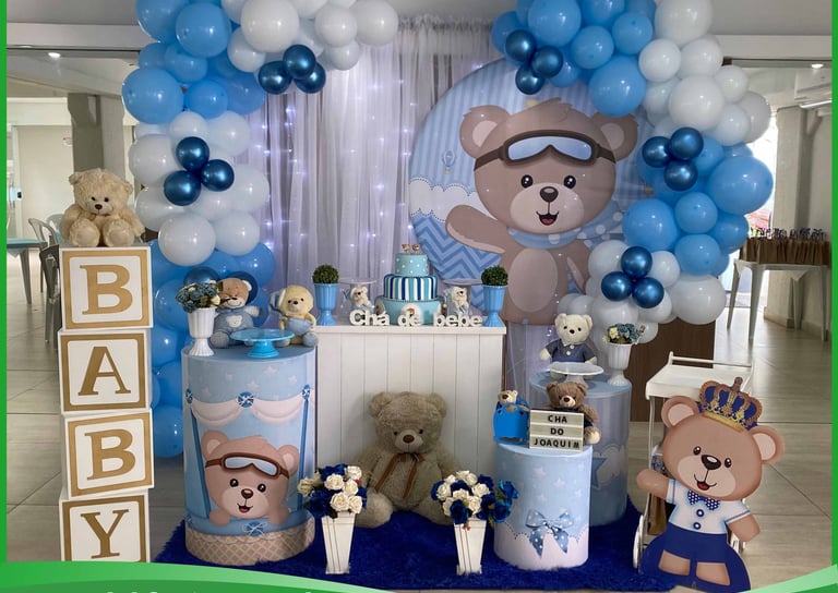 Aluguel de decoração chá de bebê ursinho aviador na Freguesia do Ó com mesa decorada temática