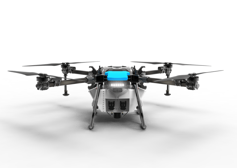 a small airplane with a blue box on it