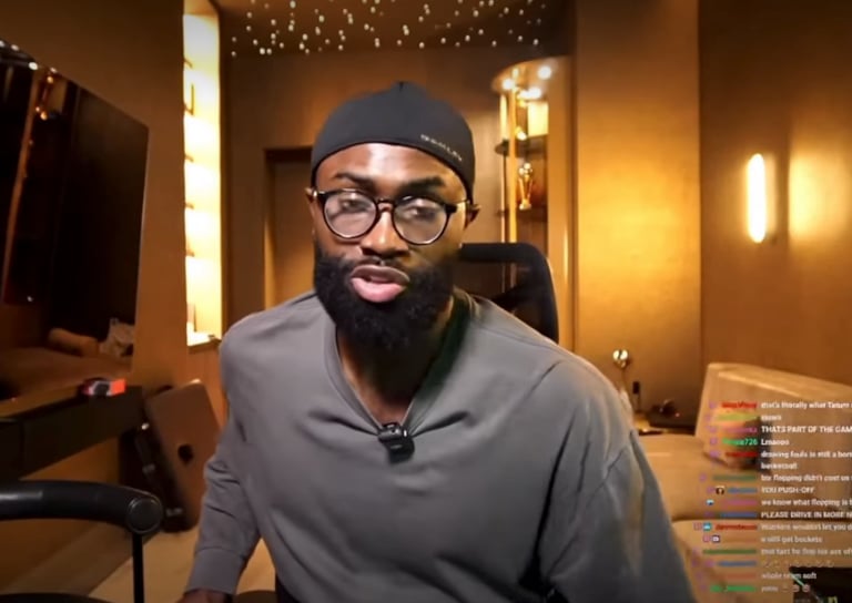 Jaylen Brown on May 2, 2026 following game 7 loss to the 76ers. He is on his livestream discussing the refereeing of the NBA