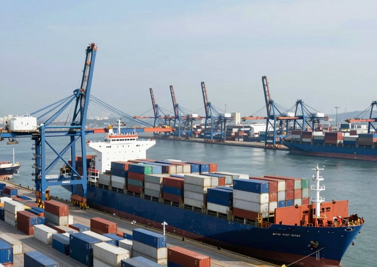 A high-angle professional photograph of a bustling international port with cargo ships and containers, symbolizing global commerce, in the daylight with a clear sky, featuring Medium Blue and Light Blue tones, International / Global style.