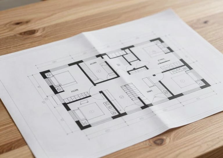 A clean architectural blueprint of a custom residential floor plan laying on a light oak table, soft natural side light, technical drawings visible.
