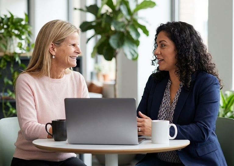 2 women talk at small table