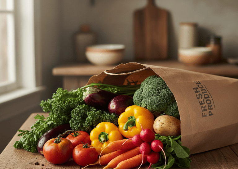 Sac de papier rempli de légumes