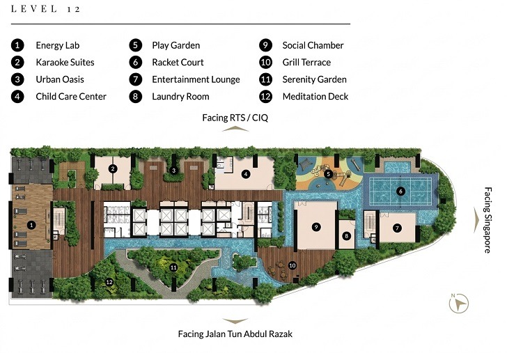 Level 12 facilities plan for Bukit Chagar Living featuring Energy Lab and Racket Court.