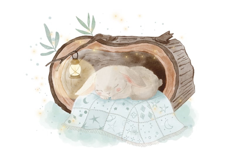 Ilustração personalizada em aguarela de um coelho a dormir num tronco de árvore