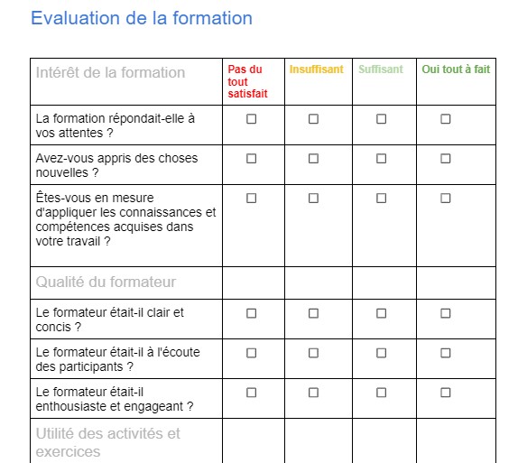 fiche d évaluation à chaud de formation modele word