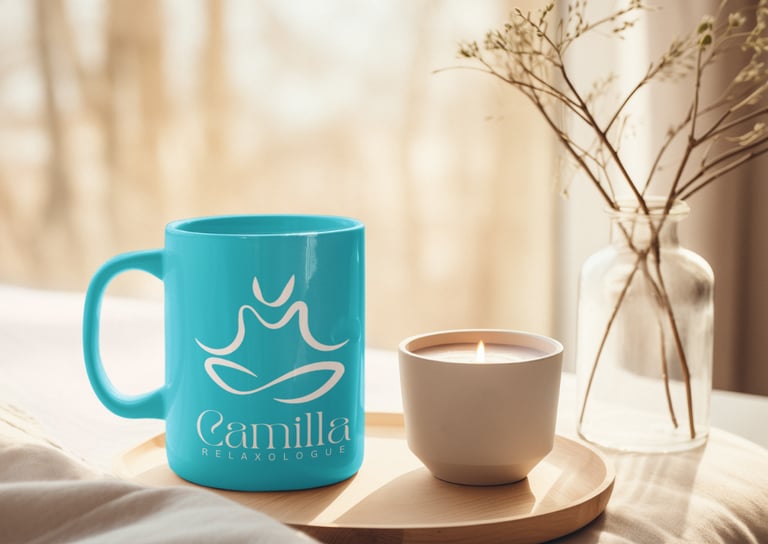 Identité visuelle pour praticienne du bien-être affichant un mug et bougie parfumée sur un plateau.