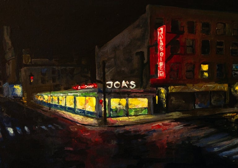 a painting of a restaurant with a neon sign that says soars