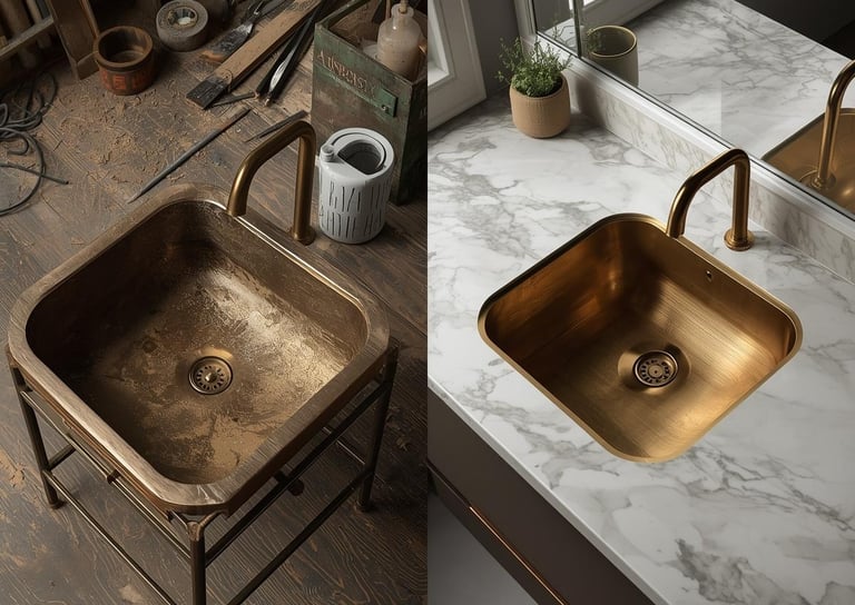 Before and after comparison of a brass sink renovation with marble countertop in Daystar Trade.