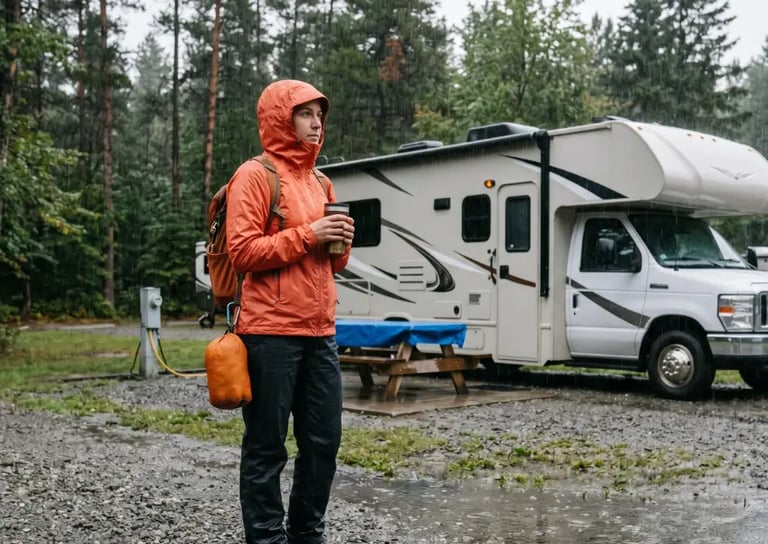 Person in packable rain jacket at rainy RV campsite with motorhome in background — Horacio & Viscont
