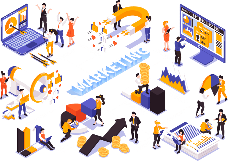 a vector illustration with a group of people and a marketing agency concept