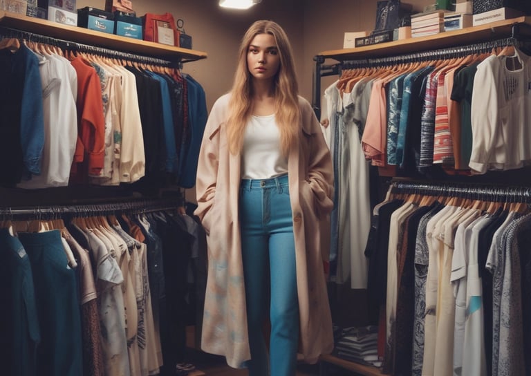 a woman standing in a closet with clothes on
