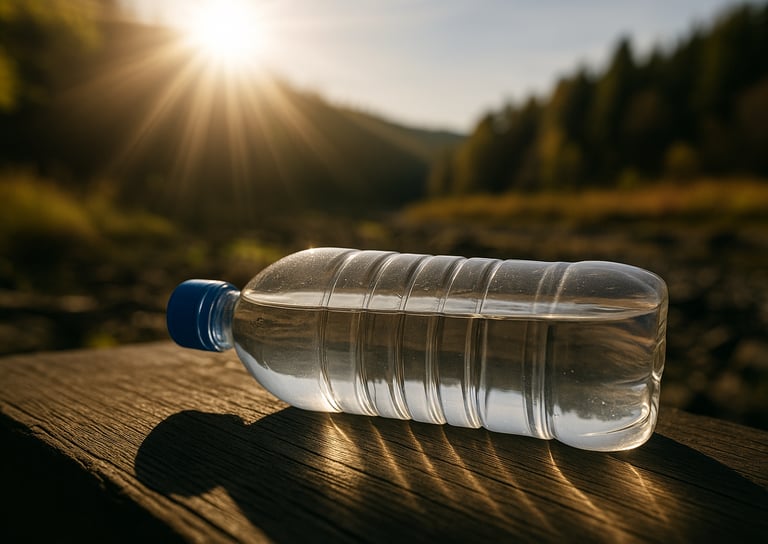 Plastic water bottle lit by sun resting on wooden log outdoors