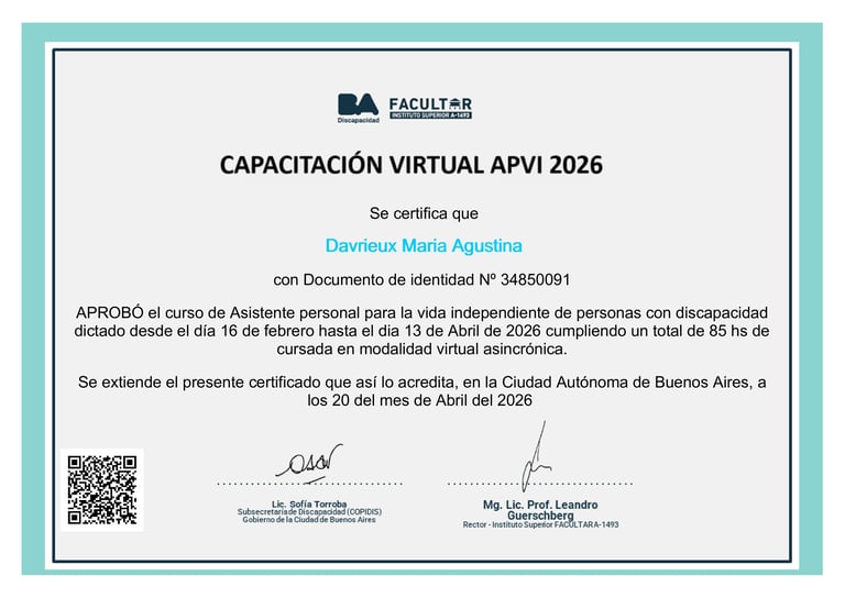 Certificado del curso de Asistente personal para la vida independiente