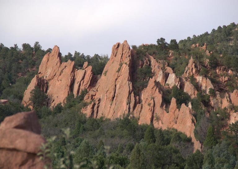 Towering red rock sandstone formations rise above a lush green forest in a scenic mountain landscape.