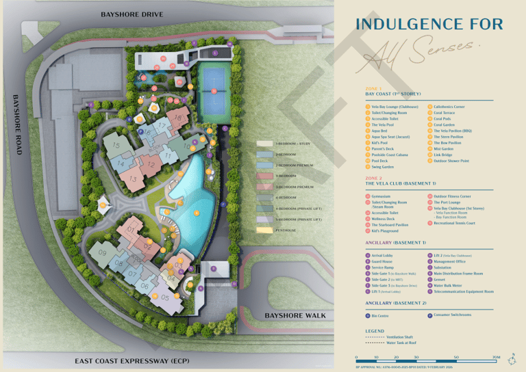 Site plan map of luxury condominium showing residential blocks, swimming pools, and amenities near Bayshore Road.
