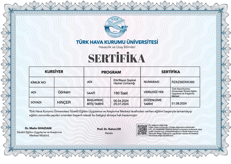 Turkish Aeronautical Association University Ethical Hacker certificate awarded to Gorkem Hincer.