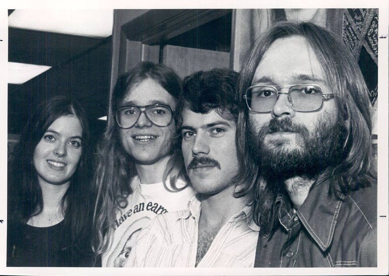 Disc jockeys at WCMF, Rochester, NY. Late 197. Suzanne King, Paulus, Chuck Ingersoll, Bernie Kimble.