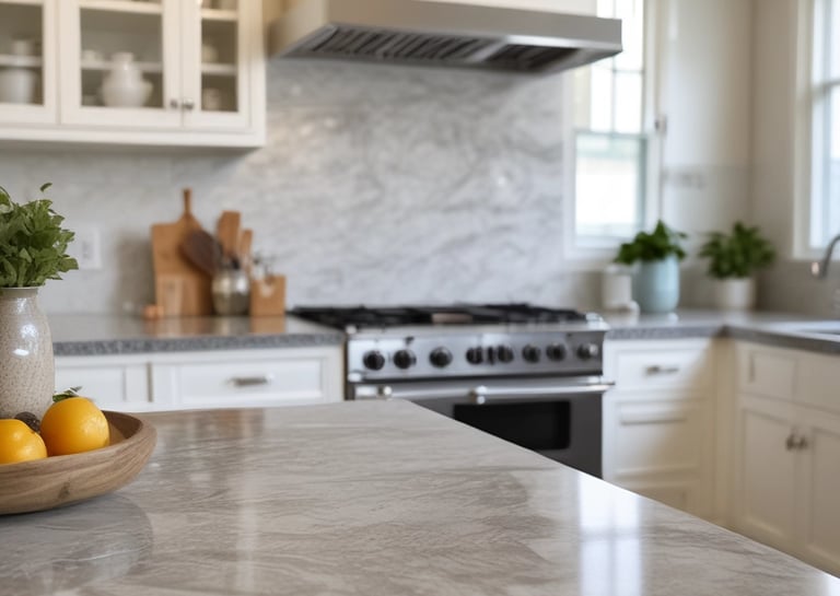 A professional cleaner in a bright, modern Charlotte kitchen, carefully wiping down countertops with natural light streaming in.