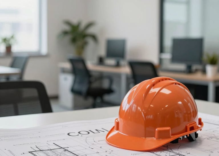 Clean and modern office interior in Colombia, featuring blueprints on a table with a safety orange helmet, bright natural light, professional atmosphere.