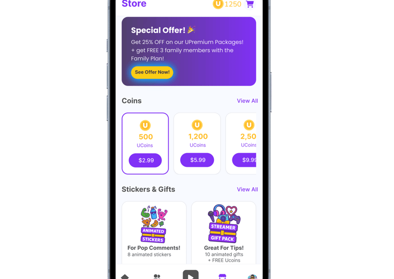 App screen showing rewards and items available using UCoins.