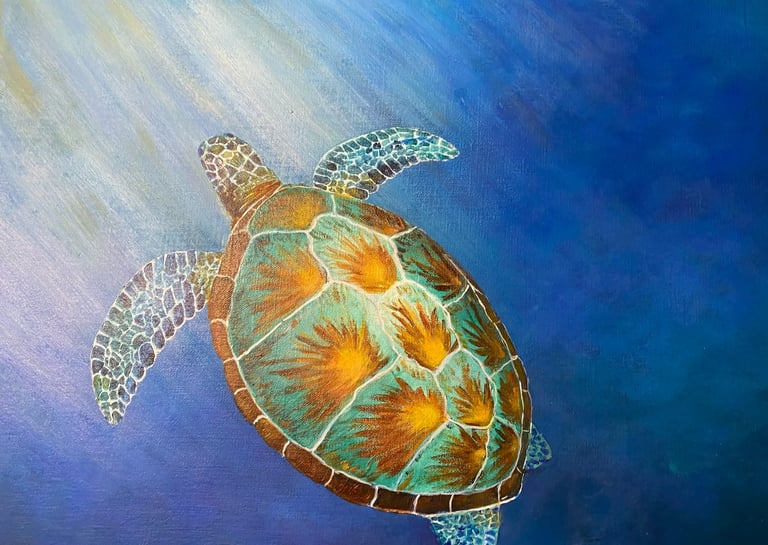 Graceful Turtle swimming to the light painted in Acrylics