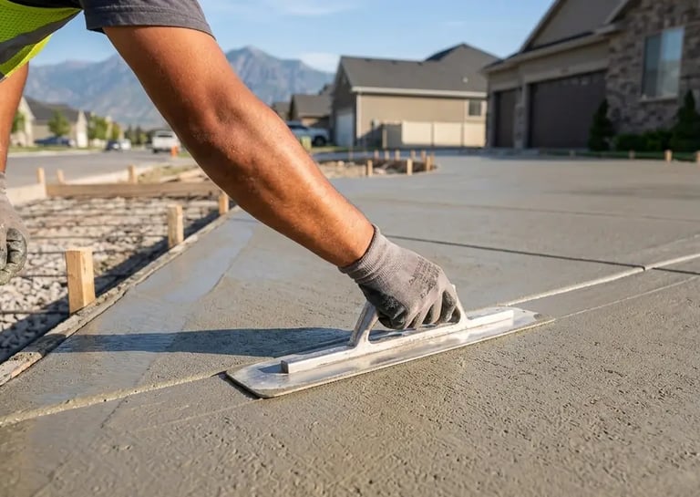 Professional concrete finishing and troweling during slab installation in West Valley City