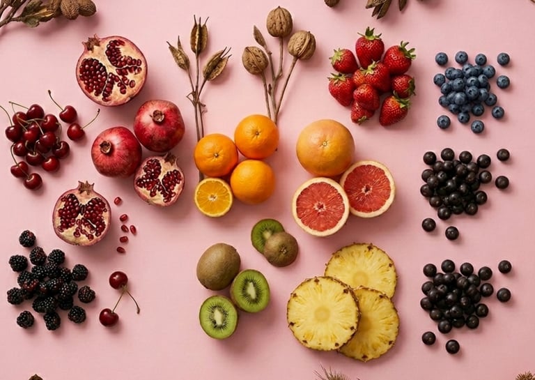 Flat lay of fresh fruits including pomegranates, berries, and citrus on a pink background.