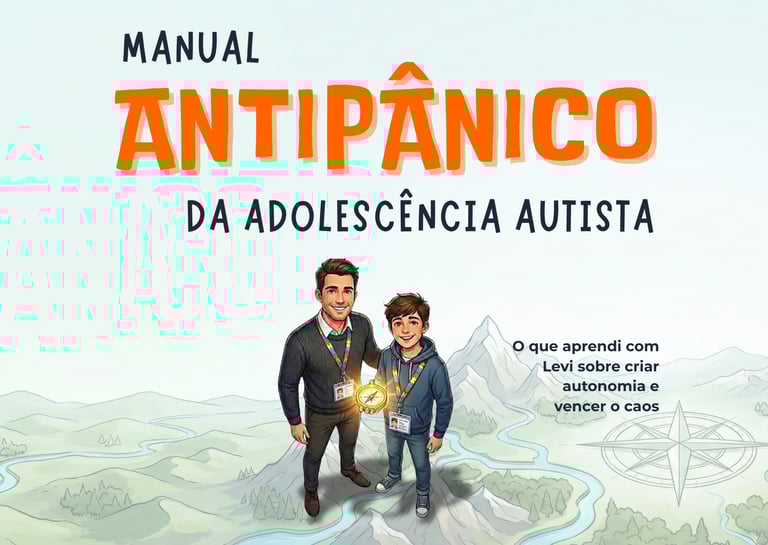 Manual Antipânico da Adolescência Autista" Ilustração de pai e filho segurando uma bússola.