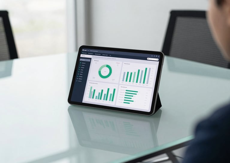 A professional business setting featuring a clean glass table and a tablet displaying a sophisticated data dashboard with green and gray charts. The scene is minimal and corporate, set in a bright, modern meeting room of a global tech firm.