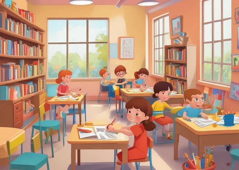 A classroom setting with children engaged in homework assistance.